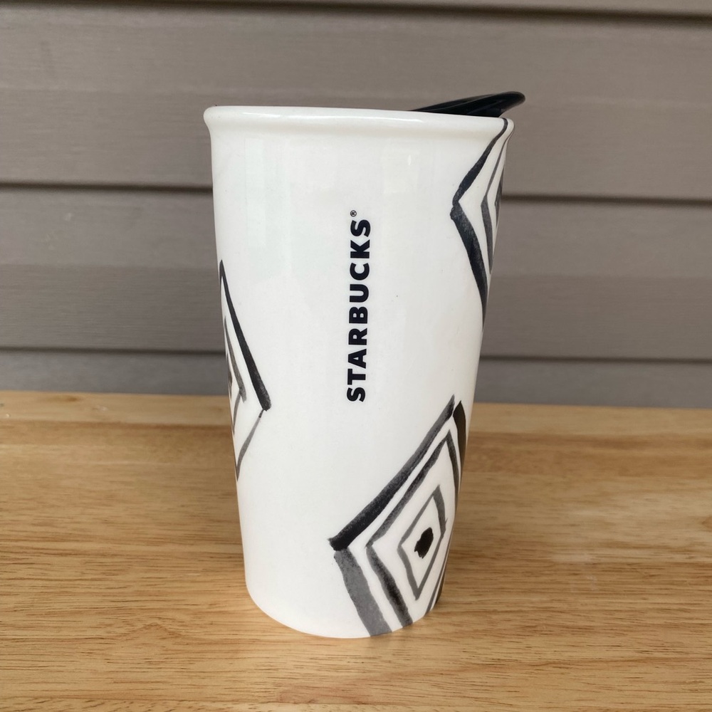 Starbucks 2014 Ceramic Tumbler Black Diamond Dot Collection 10oz Tall Cup Lid